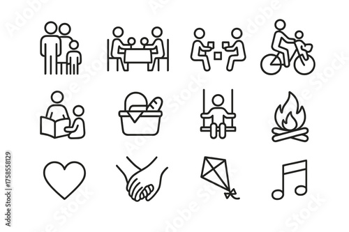 Family Time Icons. Family time. Line icon set of Family time: family group, dinner table, board game, bicycle ride, storytelling book, picnic basket, swing,