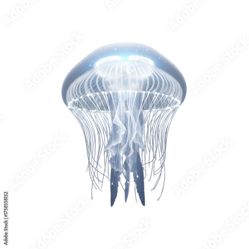 Photorealistic jellyfish isolated on transparent background, translucent bell glowing softly, visible tentacle threads and light diffusion, cinematic backlight, soft underwater haze, 8k detail, clean 