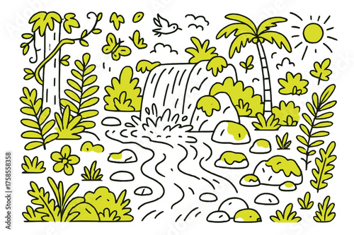 Rainforest Stream Doodle. Rainforest Stream. Hand-drawn doodle illustration rainforest stream waterfall (accented), lush trees, ferns (accented), vines,