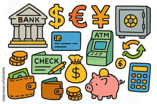 Colorful Banking Symbols. Banking Symbols. Colorful Hand-drawn doodle Children illustration Banking Symbols bank building, dollar sign, euro sign, yen sign,