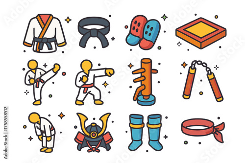 Martial Arts Icon Set. Martial arts. Colorful isometric vector icons set of martial arts: karate gi, black belt, sparring pads, dojo mat, kick pose, punch