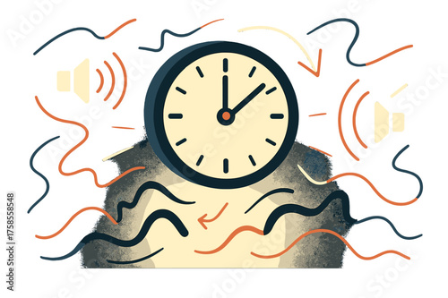 Midnight Clock Vibrance. Midnight ticking. Glowing clock casting soft shadows in a dark room, abstract floating light lines and sound icons emphasizing loud