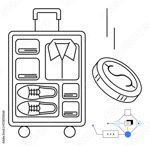 Suitcase with neat compartments for clothing, coin representing savings, and connected digital elements. Ideal for travel, organization, planning, finance, technology, mobility simple flat metaphor