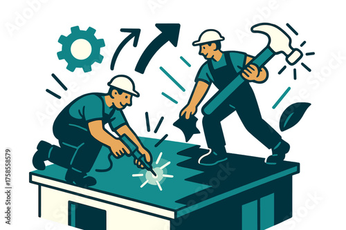 Rooftop Renovation Energy. Flat roof renovation. Builders fixing a rooftop with glowing tools, abstract gear and hammer icons floating nearby. Arrows show