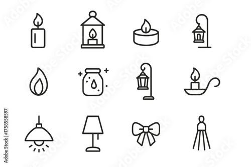 Decorative Lighting Icons. Decorative lighting. Line icon set of Decorative lighting: candle, lantern, tealight, votive, flame, glowing jar, lantern stand,
