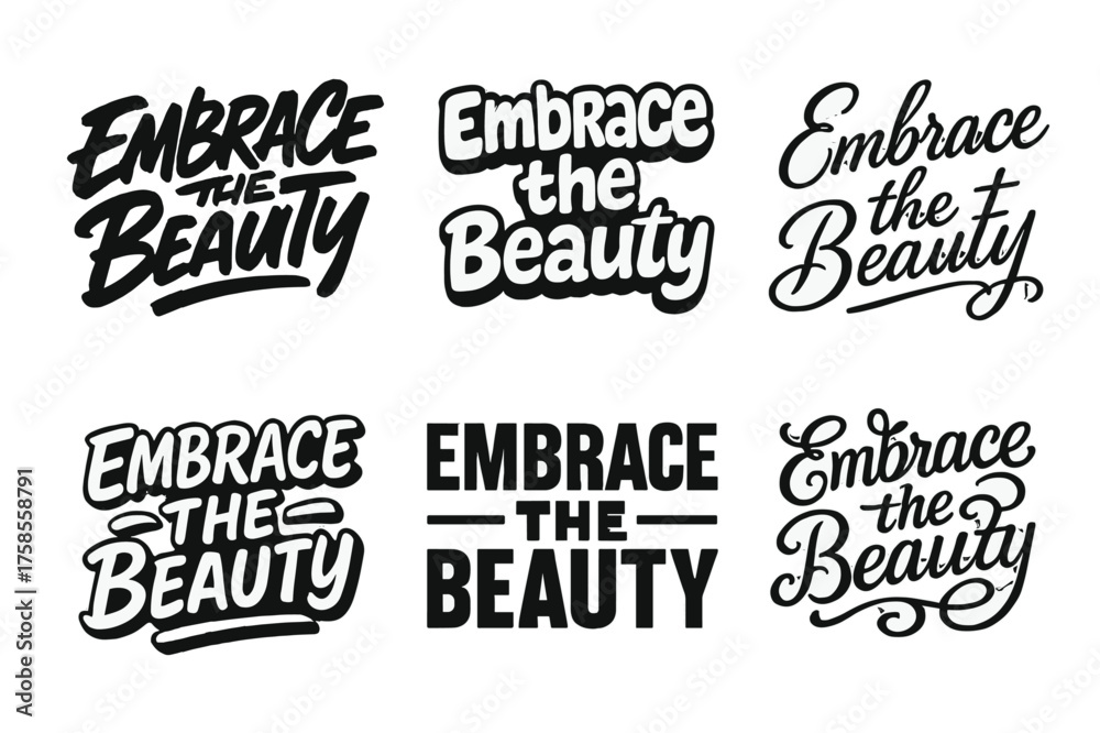 Fototapeta premium Colorful Lettering Styles. Embrace the beauty. Set lettering. harmonious lettering variations of the same emblematic concept (Dynamic brushstroke graffiti