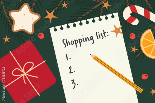 paper sheet with christmas shopping list; holiday planning, gift organization, gift guide concept-vector illustration