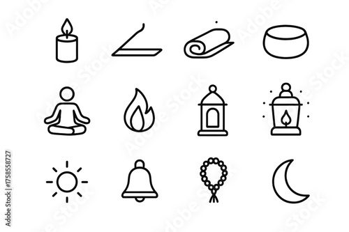 Meditation Icon Set. Meditation setup. Line icon set of Meditation setup: candle, incense stick, yoga mat, cushion, lotus pose, flame, lantern, glowing jar,