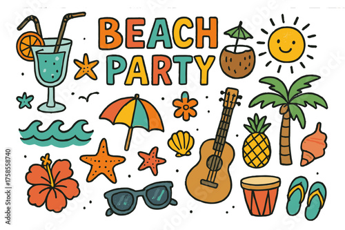 Vibrant Beach Bash. Beach Party. Colorful Hand-drawn doodle Children illustration Cocktail glass, coconut, pineapple, sun, waves, umbrella, starfish, shell,