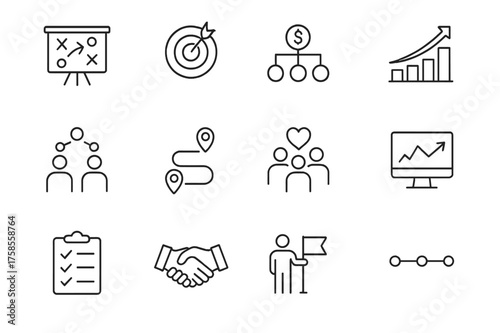 Philanthropy Strategy Icons. Philanthropy strategy. Line icon set of Philanthropy strategy: planning board, target icon, budget allocation, growth chart,