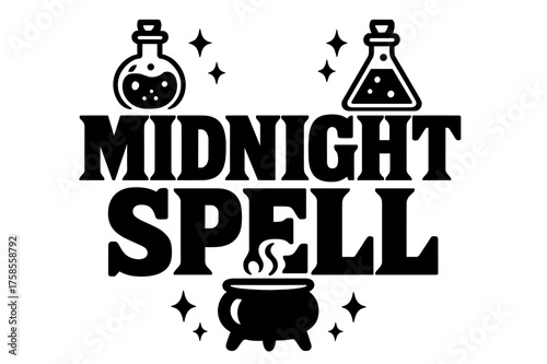 Midnight Spell Design. Midnight Spell ? Bold Block Lettering, stacked uppercase with chunky geometric serifs, heavy outlines and flat 3D shadowing, poster-like