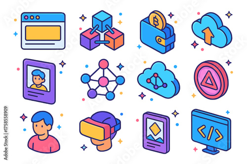 Web3 Icon Set. Web3. Colorful isometric vector icons set of Web3: browser window, blockchain cube, crypto wallet, digital ID card, decentralized network, cloud