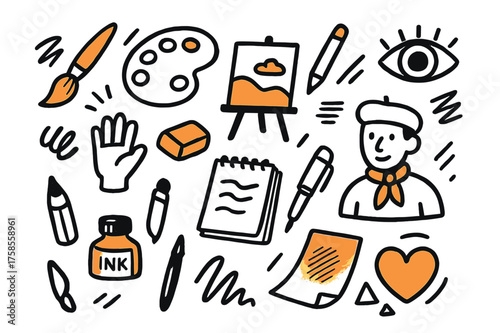 Monochrome Art Tools. Monochrome Art. Hand-drawn doodle illustration monochrome art paintbrush (accented), palette, canvas (accented), pencil, eraser