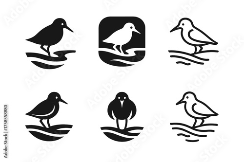 Sandpiper Shoreline Logo. Shoreline ecosystems and animal interactions. Set Logo of sandpiper with shoreline: Filled silhouette, Negative space, Minimal