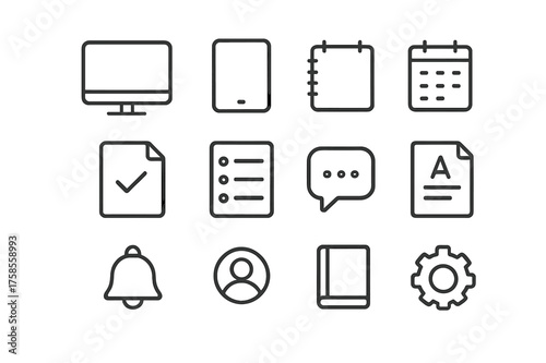 Learning Tools Icons. Learning tools. Line icon set of Learning tools: computer, tablet, notebook, calendar, assignment sheet, course list, message bubble,