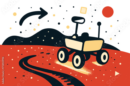 Martian Exploration Tracks. Rover wheel tracks. Glowing rover leaving tracks across red Martian surface, abstract floating dust particles and geometric shapes
