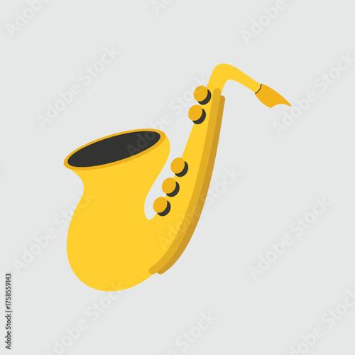 Golden Saxophone Icon. Flat Music Instrument Illustration, Jazz Symbol Vector, Modern Yellow Sax Design Isolated on Gray Background