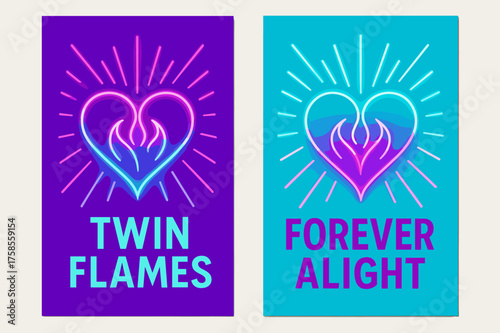 Neon Flame Hearts. Twin Flames. Two vertical A6 banners, modern, neon purple and cyan backgrounds, two flame-shaped hearts merging with radiant lines, first