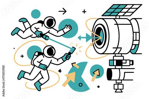 Space Station Docking. Space station docking. Astronauts guiding a module with glowing control beams. Abstract arrows and orbit lines emphasize precision.