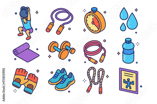 Colorful Fitness Icons. Endurance training. Colorful isometric vector icons set of endurance training: person lifting kettlebell, jump rope, timer, sweat