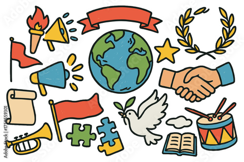 Colorful Symbolic Doodle. Movement. Colorful Hand-drawn doodle Children illustration Globe, banner, torch, megaphone, laurel wreath, handshake, star, flag,