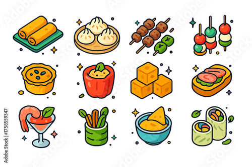 Colorful Appetizers Icons. Appetizers. Colorful isometric vector icons set of appetizers: spring rolls, dumplings, meat skewers, caprese bites, mini quiches,