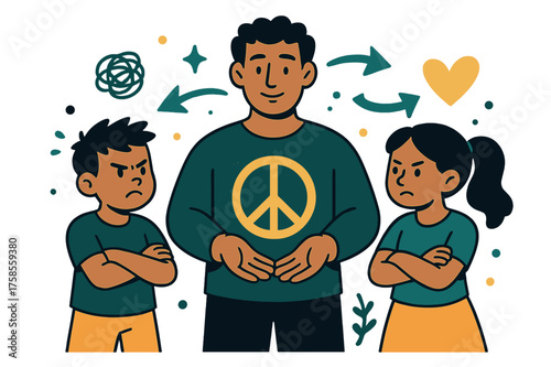 Peaceful Conflict Resolution. Conflict resolution. Two children facing each other with crossed arms, parent between them holding glowing peace symbol. Floating