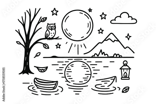Moonlit Night Doodle. Moonlight Reflection. Hand-drawn doodle illustration moonlight reflection full moon, water ripples, stars, clouds, tree silhouette,