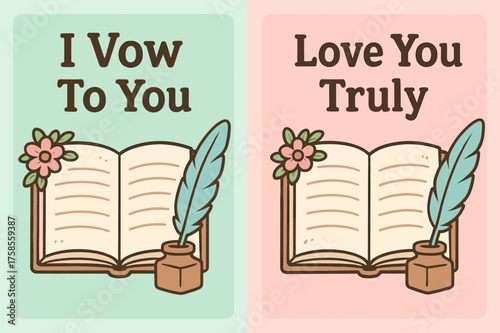 Wedding Vow Banners. Vows. Two vertical A6 banners, cartoon, pastel mint and pink backgrounds, open vow book with floral corners and a quill, first banner with