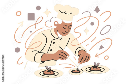 Artistic Chef Plating. Chef plating. Glowing chef carefully plating dishes, abstract floating geometric shapes and light trails emphasizing craftsmanship,