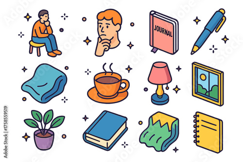 Introspective Icons Grid. Introspection. Colorful isometric vector icons set of introspection: person seated, hand on chin, thoughtful expression, journal,