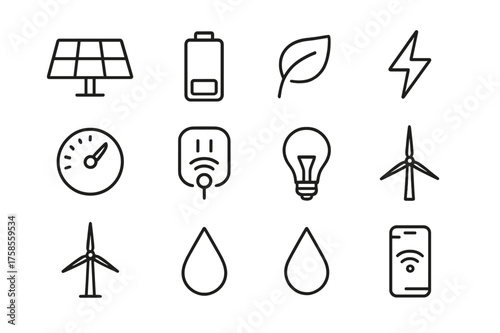 Energy Efficiency Icons. Energy efficiency. Line icon set of energy efficiency: solar panel, battery, eco leaf, lightning bolt, thermostat, smart plug, light