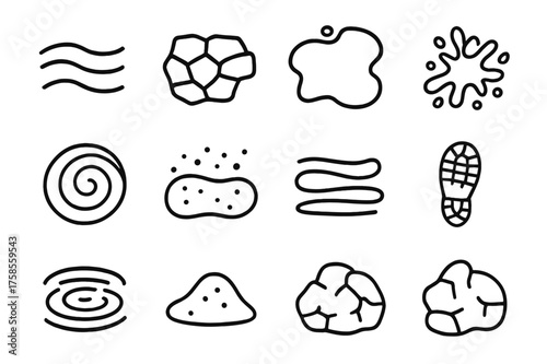 Mud Texture Icons. Mud textures. Line icon set of Mud textures: smooth mud, cracked mud, puddle, splatter, swirl pattern, wet mud, dry mud, mud streak,