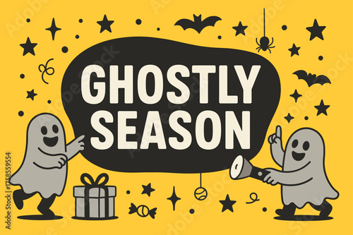 Ghostly Season Celebration. GhostlySeason banner, flat vector illustration, bold oversized text inside rounded blob, cartoon characters dancing and pointing at