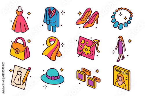 Haute Couture Icons. Haute couture. Colorful isometric vector icons set of haute couture: elegant gown, tailored suit, couture shoes, statement necklace,