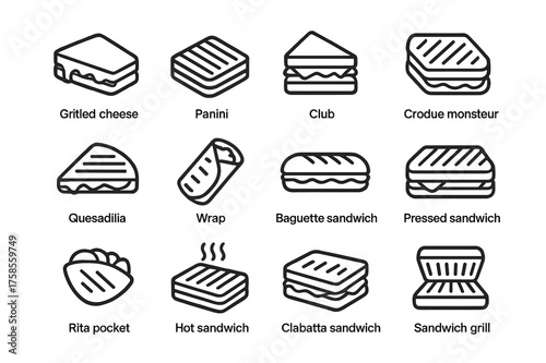Grilled Sandwich Icons. Grilled sandwiches. Line icon set of Grilled sandwiches: grilled cheese, panini, club sandwich, croque monsieur, quesadilla, wrap,