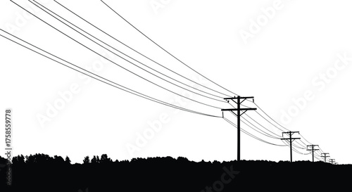 Silhouette illustration of electric power lines and utility poles extending across rural landscape, black and white vector design, electricity transmission concept