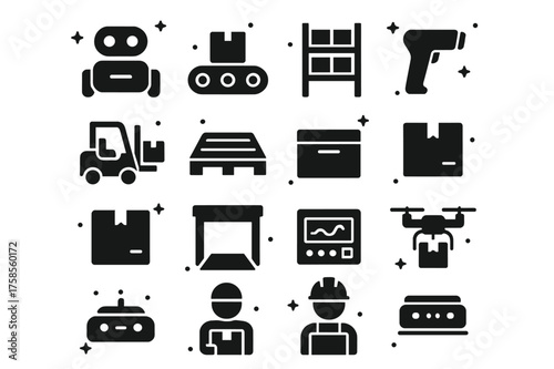 Robotic Warehouse Icons. Robotic Warehouse Systems. Solid icons set of Robotic Warehouse Systems: Autonomous Robot, Conveyor Belt, Storage Shelf, Forklift,