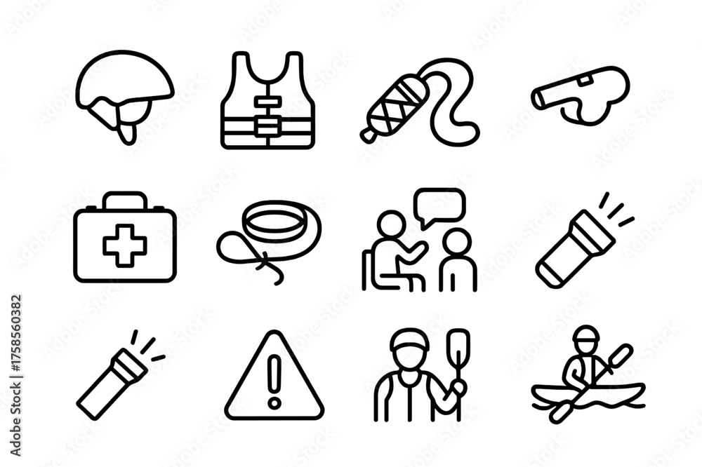 Fototapeta premium Rafting Safety Essentials. Rafting safety. Line icon set of Rafting safety: helmet, life jacket, throw bag, whistle, first aid kit, rescue rope, safety