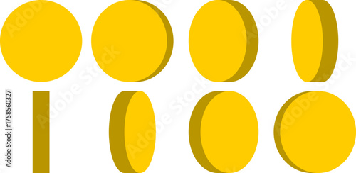 Basic 8-frame Rotating Plain Gold Coin Sprite Sheet for Sprite Animation in Games and App UI. Vector Image.	