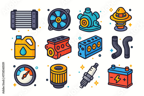 Cooling System Icons. Cooling system. Colorful isometric vector icons set of cooling system: radiator, cooling fan, water pump, thermostat, coolant fluid,