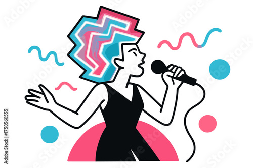 Geometric Wig Performance. Performance wigs. A singer or performer on stage with a dramatic custom wig glowing in geometric shapes. Abstract sound waves float