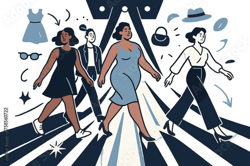 Stylized Runway Illumination. Fashion runway. Models walking with glowing abstract spotlight lines, floating clothing and accessory icons, highlighting