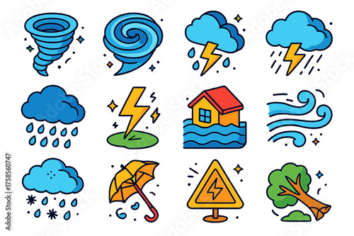 Storm Icons Collection. Storm. Colorful isometric vector icons set of storm: tornado, hurricane swirl, thundercloud, heavy rain, lightning strike, flooded