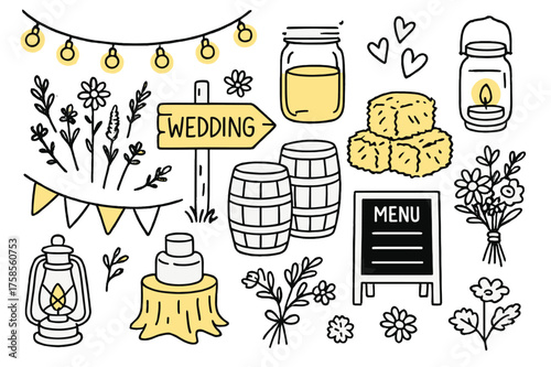 Rustic Wedding Elements. Rustic wedding. Hand-drawn doodle illustration rustic wedding mason jar (accented), fairy lights (accented), wooden sign (accented),