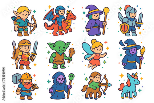 Fantasy Character Icons. Fantasy characters. Colorful isometric vector icons set of fantasy characters: elf, dragon rider, mage, knight, warrior princess,
