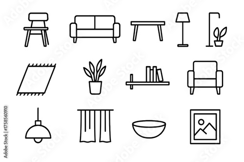 Scandinavian Style Icons. Scandinavian style. Line icon set of Scandinavian style: light wood furniture, neutral sofa, simple coffee table, floor lamp, minimal