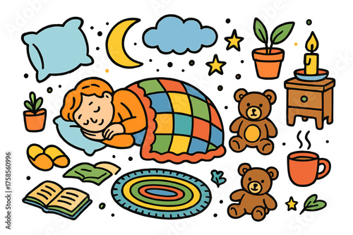 Cozy Nighttime Doodle. Silent Rest. Colorful Hand-drawn doodle Children illustration Silent Rest curled up person, pillow, blanket, teddy bear, candle, moon,