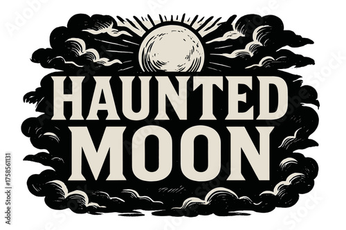 Haunted Moon Typography. Haunted Moon ? Bold Block Lettering, stacked uppercase with chunky geometric serifs, heavy outline and flat 3D shading, framed with