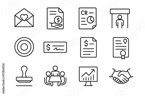 Corporate Giving Icons. Corporate giving programs. Line icon set of Corporate giving programs: donation envelope, grant application, CSR report, sponsorship,